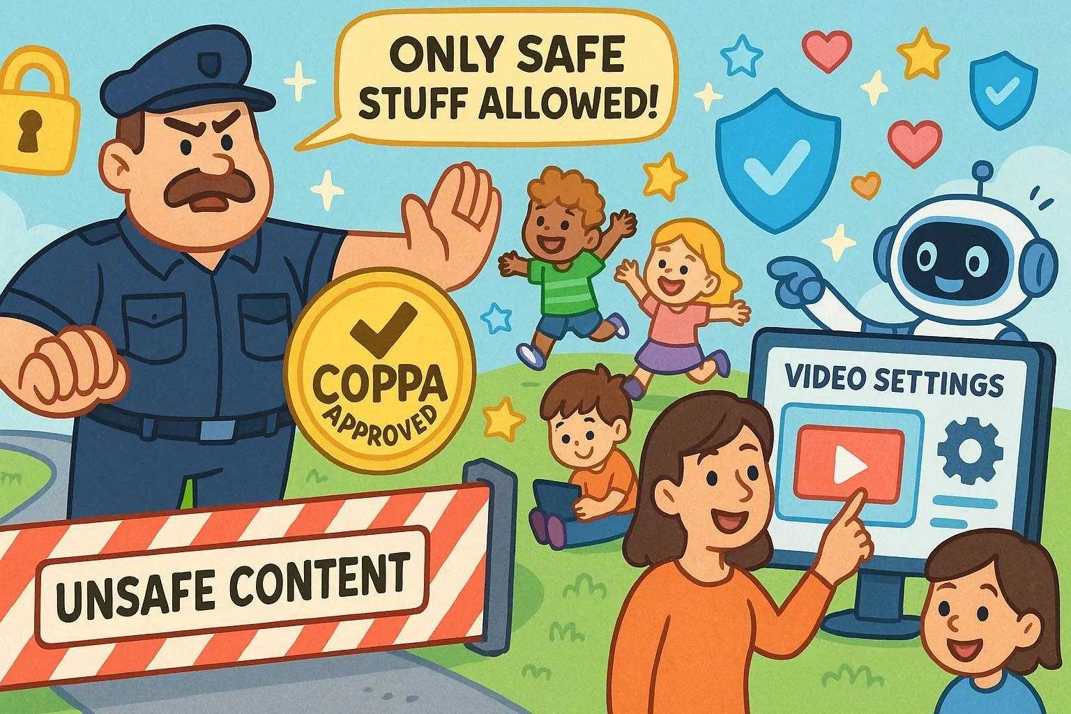 Escena animada sobre las normas de publicación segura en la plataforma YouTube Kids.