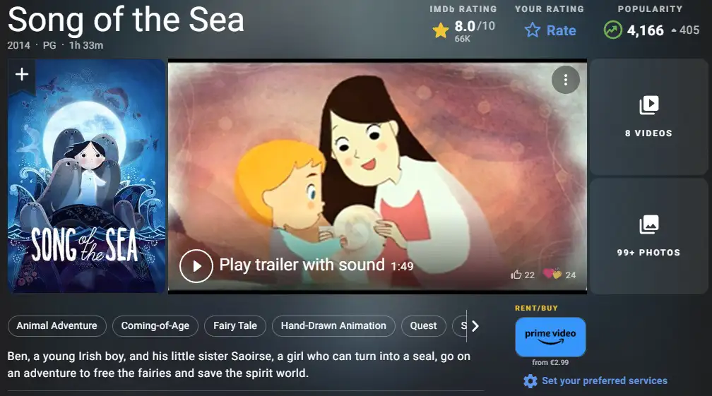 Escena de la tranquila película animada La Canción del Mar con Ben y Saoirse en un suave estilo dibujado a mano.
