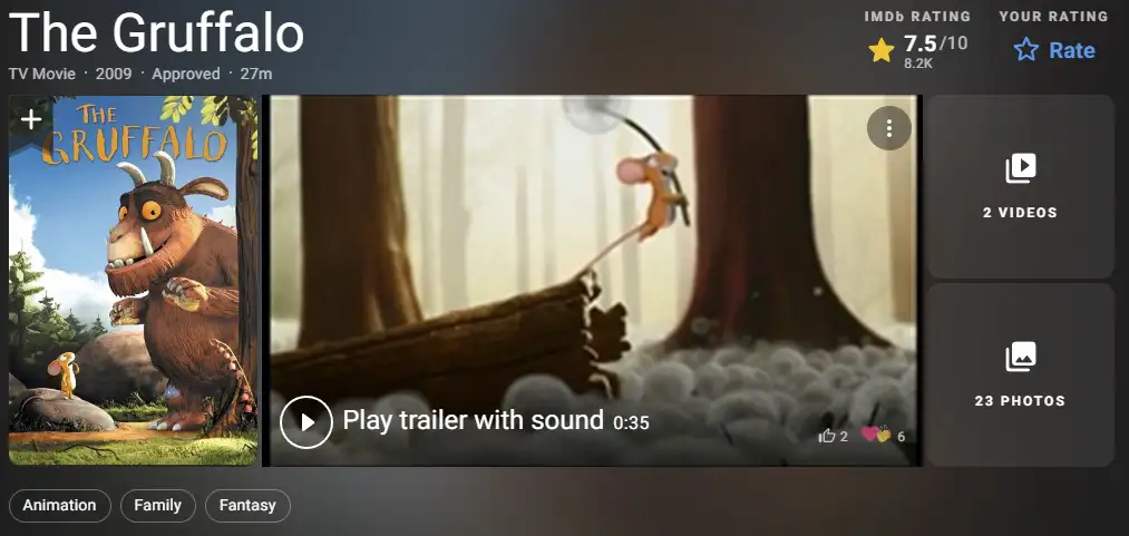 Le Gruffalo, film d'animation apaisant avec une souris dans la forêt et un monstre bienveillant.