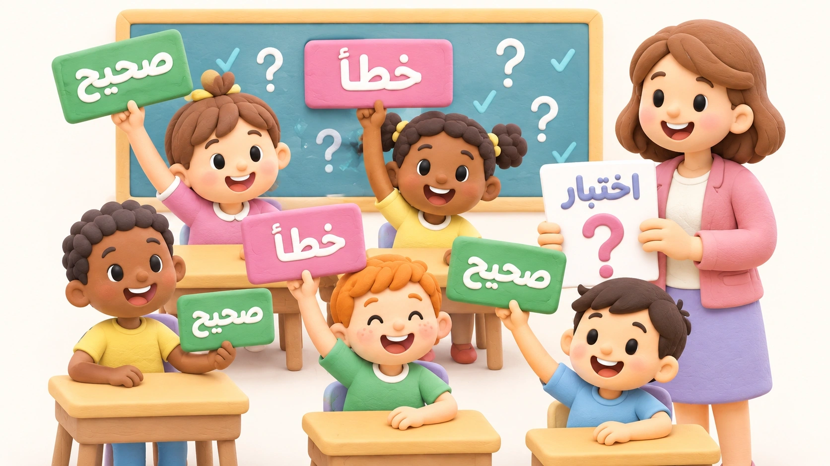 أطفال يجيبون على أسئلة صح أم خطأ في لعبة مسابقة داخل الفصل الدراسي.