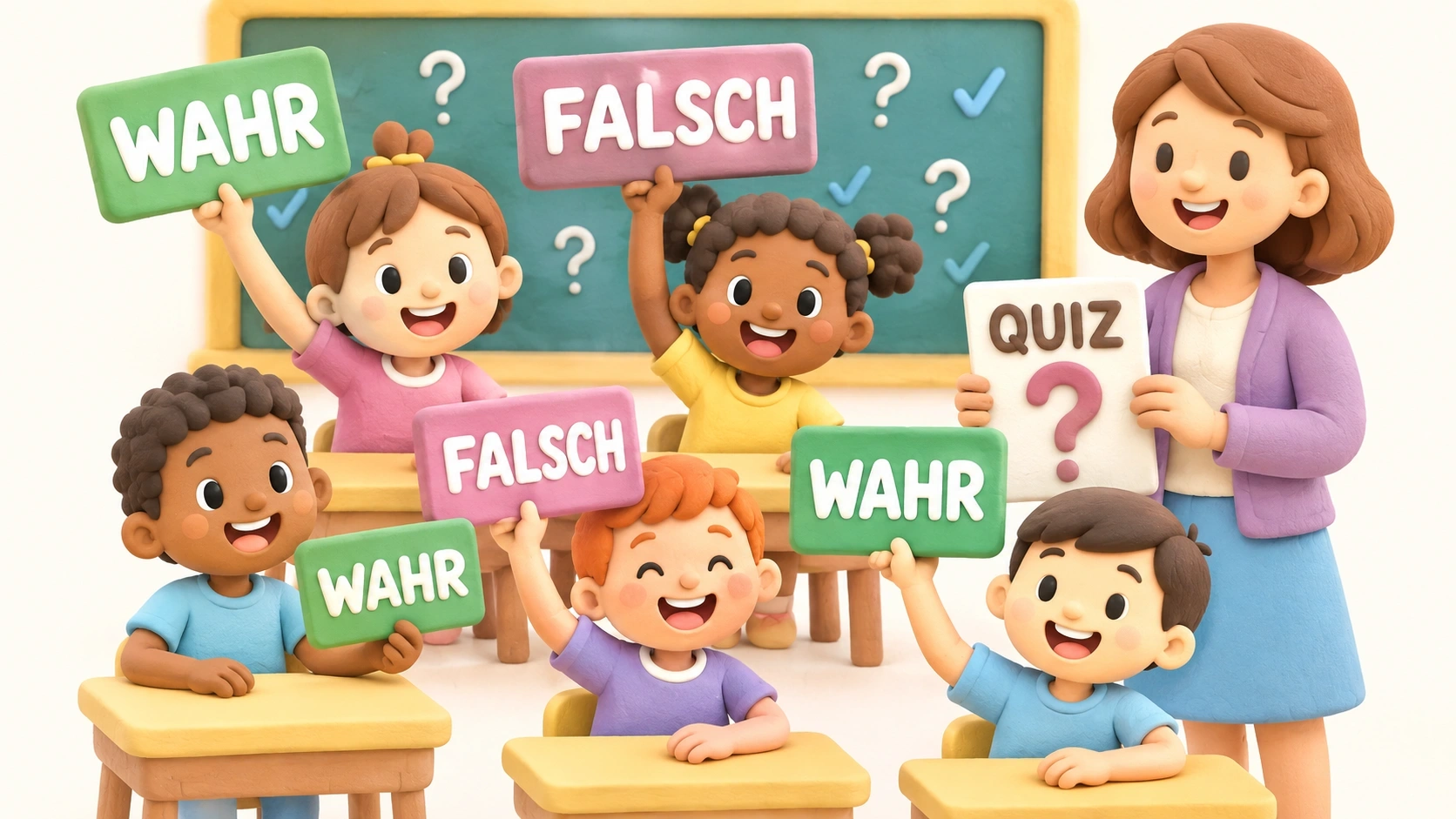 Kinder beantworten Wahr-oder-Falsch-Fragen bei einem Klassenquiz.