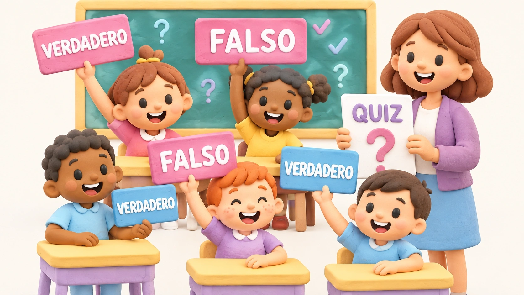 Niños respondiendo preguntas de verdadero o falso en un juego de quiz en el aula.
