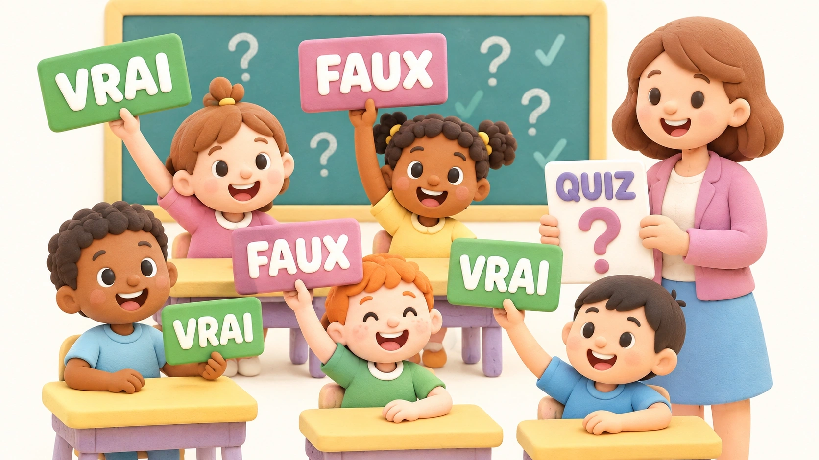 Des enfants répondant à des questions vrai ou faux lors d'un jeu de quiz en classe.