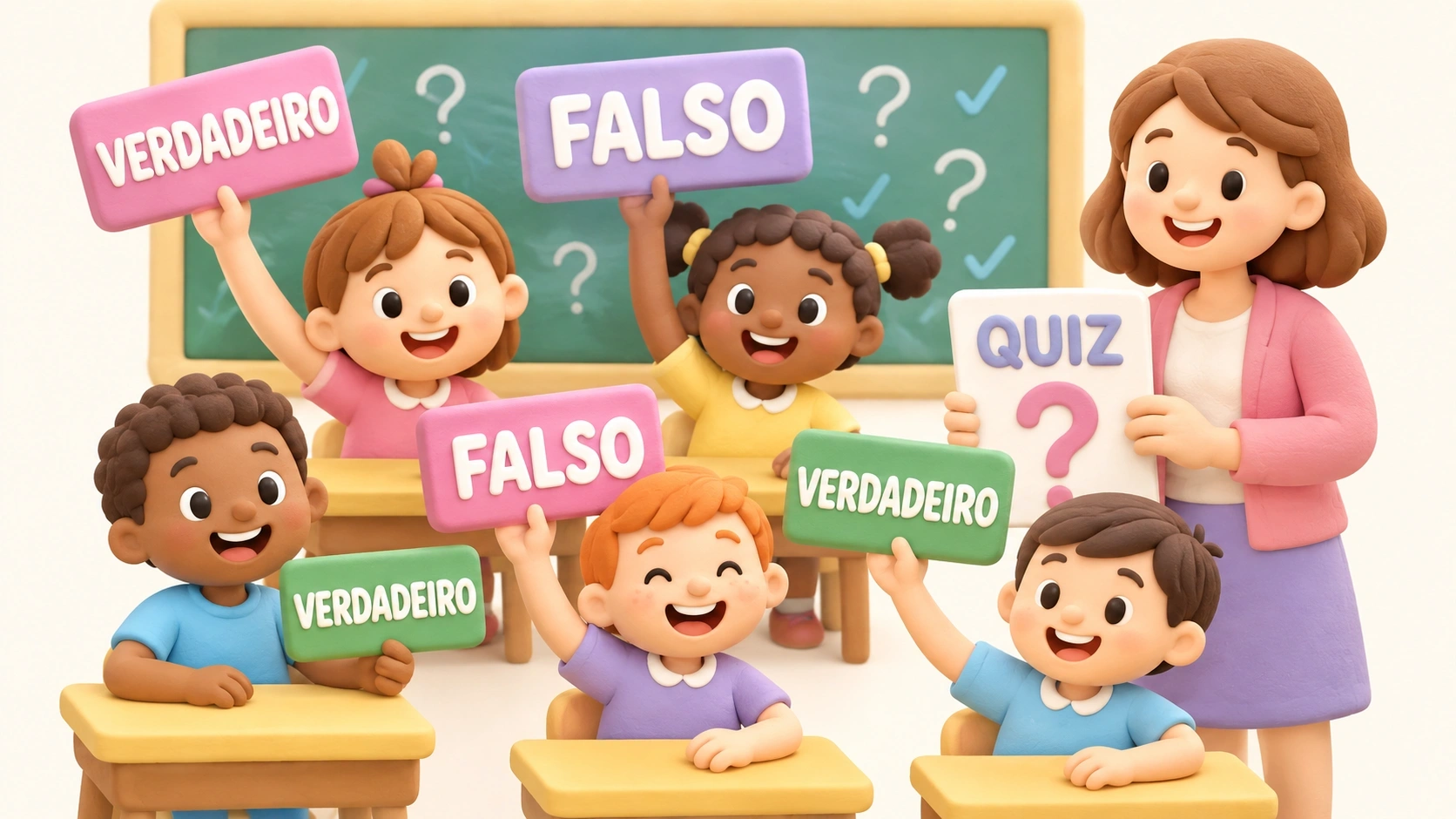 Crianças respondendo perguntas de verdadeiro ou falso em um jogo de quiz em sala de aula.