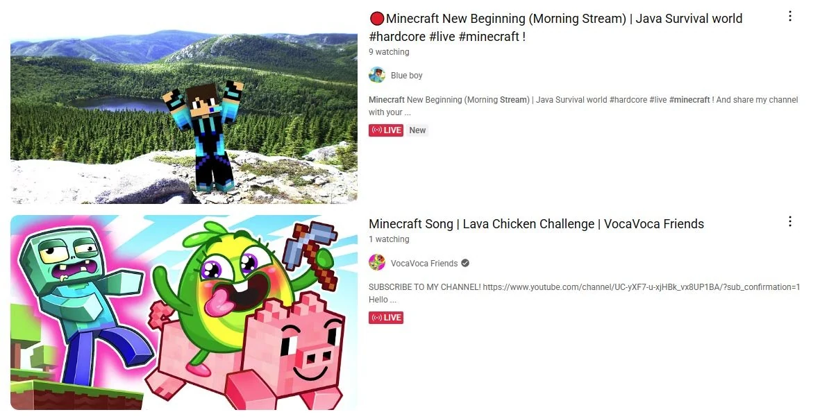 بث مباشر بثيمة Minecraft للأطفال يعرض محتوى ألعاب آمنًا على يوتيوب.
