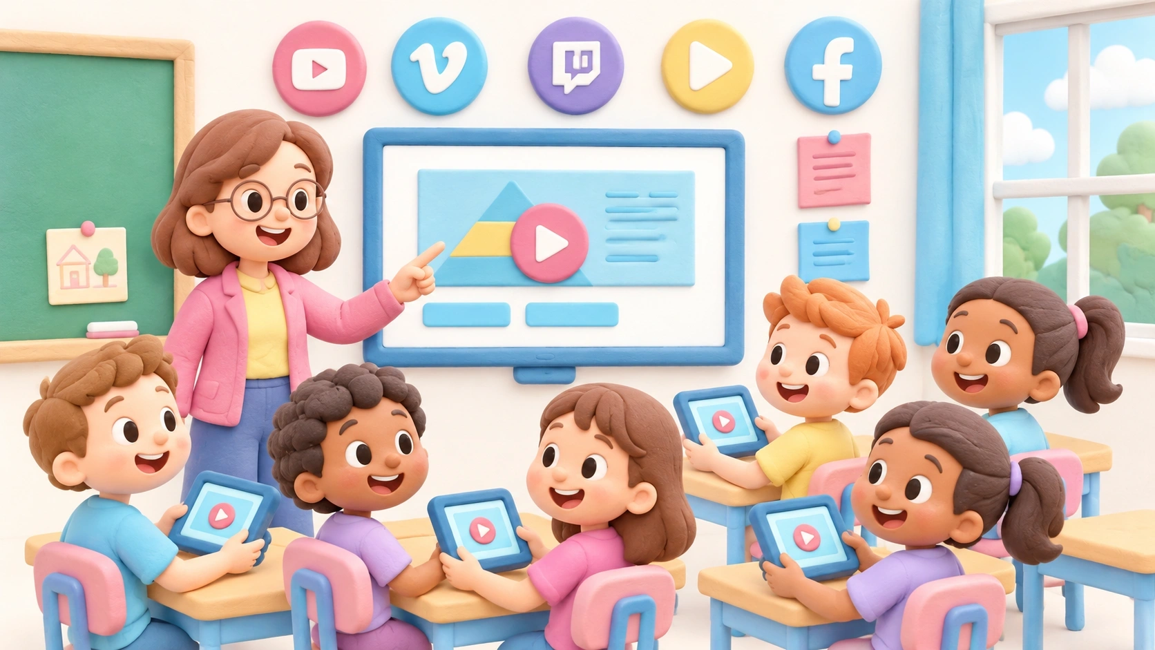 Gezeichnetes Klassenzimmer mit Kindern, die mithilfe von YouTube-Alternativen für die Schule sichere Inhalte ansehen.