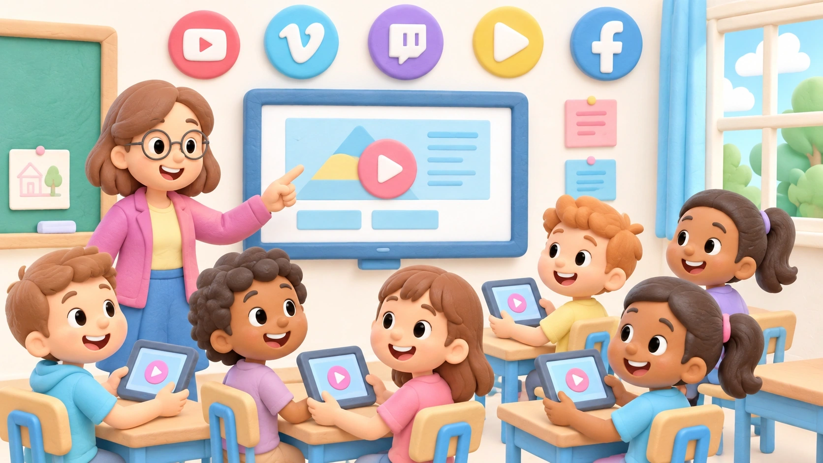 Aula de dibujos animados con niños viendo contenido seguro mediante alternativas a YouTube para escuelas.
