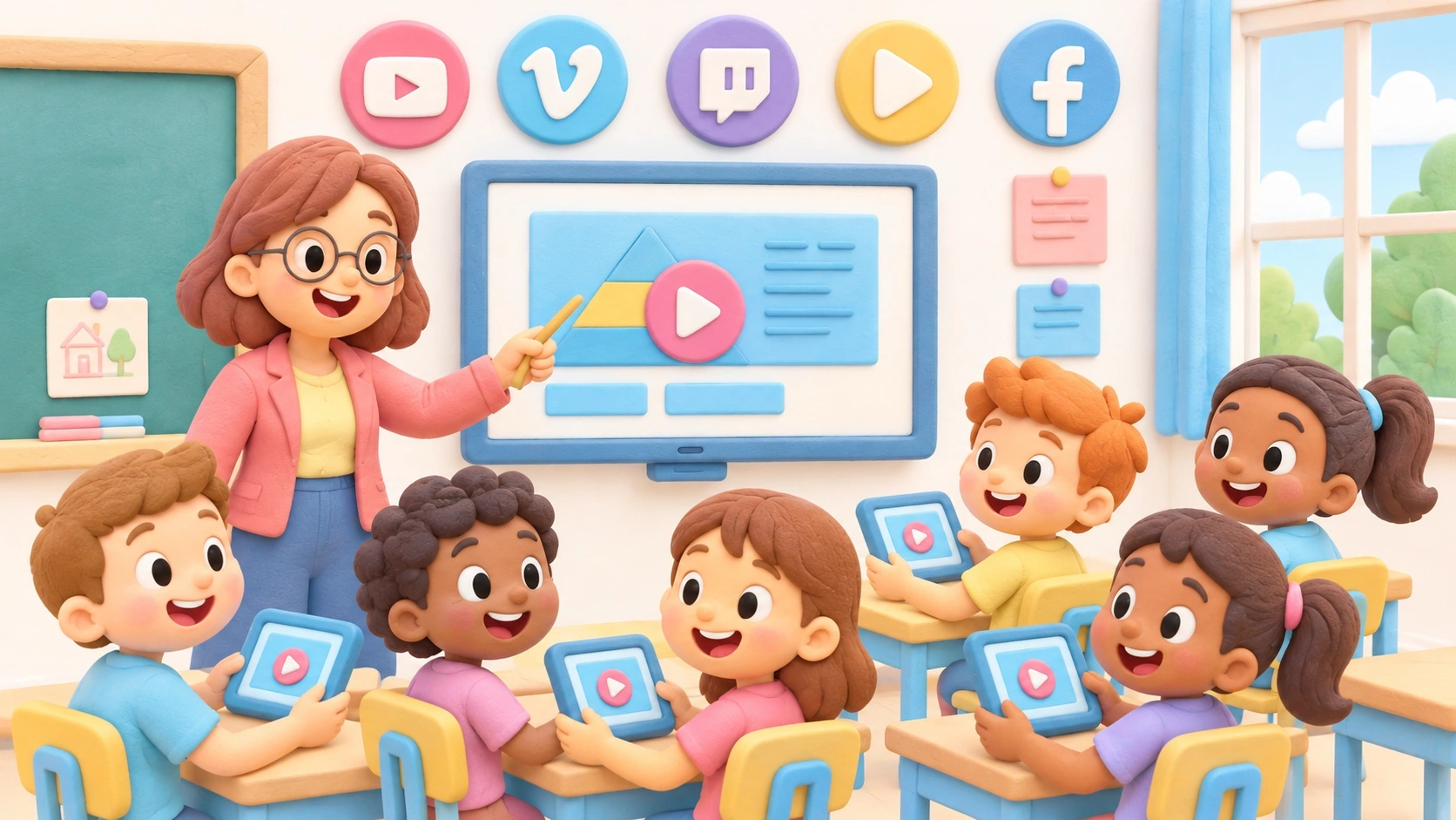 Salle de classe animée avec des enfants regardant du contenu sécurisé grâce aux alternatives à YouTube pour l'école.