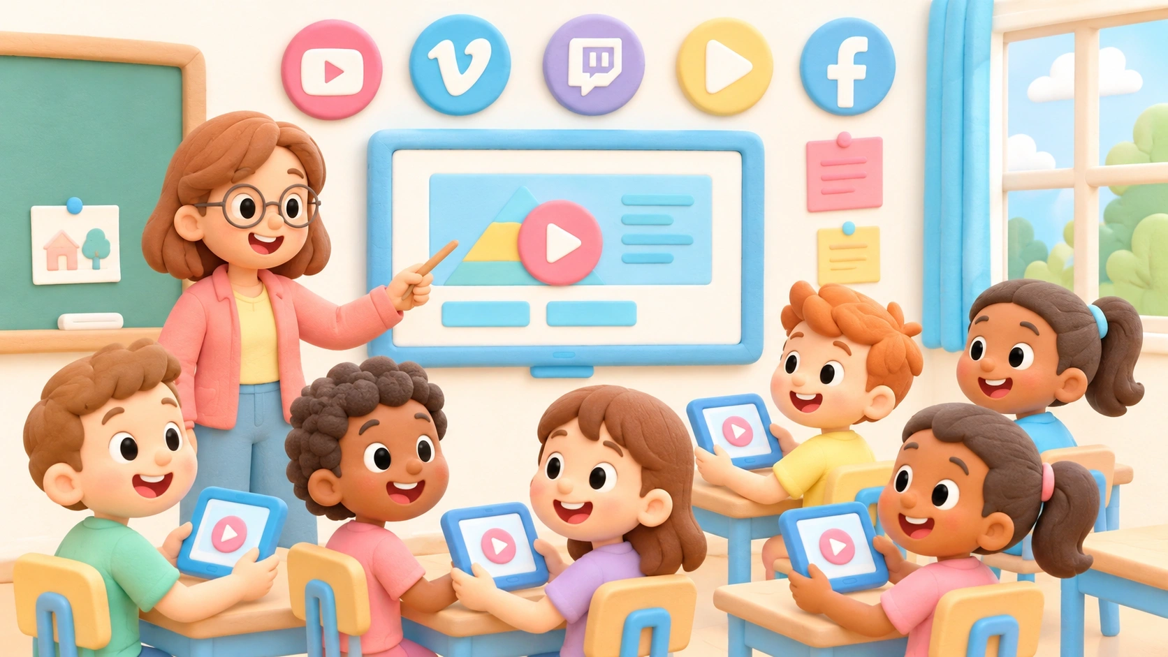 Sala de aula animada com crianças assistindo a conteúdo seguro usando alternativas ao YouTube para escolas.